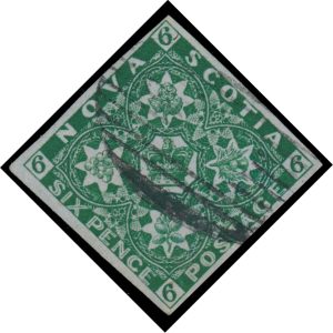 Lot 334, Nova Scotia 1857 six pence dark green Heraldic, XF with oval grid cancel