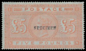 Lot 415, 1882 five pound orange Victoria overprinted SPECIMEN, F-VF mint with hinge remnants