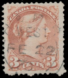 Lot 54, Canada 1870 three cent copper red Small Queen, perf 12-1/2 with 1870 H&PR cancel