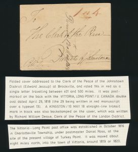 Writeup on Lot 712, Norfolk 1818 Vittoria Long Point double oval on folded cover, Kingston to District of Johnstown