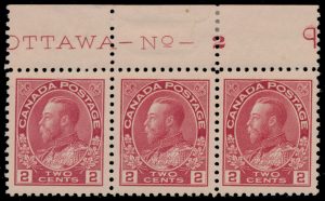 Lot 150, Canada 1911 two cent pink Admiral Plate No. 2 strip of three, XF NH, sold for C$1,638