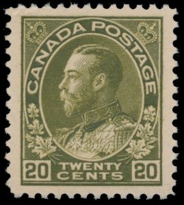Lot 166, Canada 1912 twenty cent dark olive green Admiral, wet printing, XF NH, sold for C$702