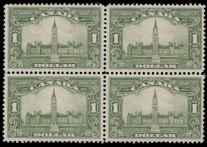 Lot 197, Canada 1929 one dollar olive green Parliament XF/VF NH block of four, sold for C$1,228