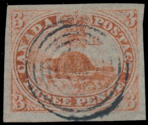 Lot 2, Canada 1851 Three Penny Beaver on laid paper, XF with target cancel