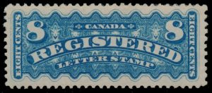 Lot 282, Canada 1876 eight cent dull blue Registration, VF NH, sold for C$877