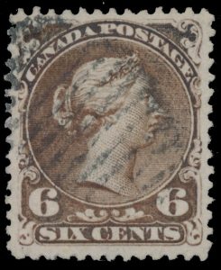 Lot 37, Canada 1868 six cent brown Large Queen on unwatermarked Bothwell paper, XF used, sold for C$409