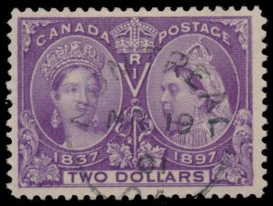Lot 90, Canada 1897 two dollar dark purple Jubilee, VF used, sold for C$526