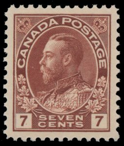 Lot 160, Canada 1924 seven cent red brown Admiral, wet printing, XF NH, sold for C$187