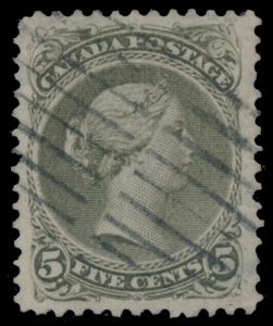 Lot 35, Canada 1876 five cent olive green Large Queen, VF with grid cancel, sold for C$351