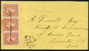 Lot 739, Victoria 1868 Upnor C.W. on Large Queen cover to Toronto, sold for C$760