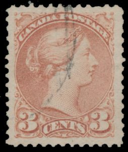 Lot 55, Canada 1870 three cent copper red Small Queen perf 12-1/2, VF used, sold for C$3,276