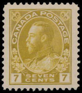 Lot 118, Canada 1912 seven cent yellow ochre Admiral, XF NH