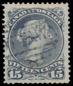 Lot 30, Canada 1868 fifteen cent deep violet Large Queen on very thick paper, VF used