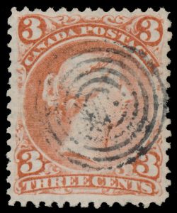 Lot 32, Canada 1868 three cent bright red Large Queen on laid paper, XF used