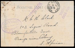 Lot 400, Canada 1908 half cent Québec Tercentenary on picture postcard, Ottawa to Orange River Colony, reverse