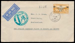 Lot 534, Newfoundland 1933 $4.50 on 75c bistre Balbo Flight Cover, St. John's to Grand Falls, Front