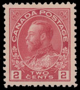 Lot 104, Canada 1911 two cent pink Admiral with constant plate variety, XF NH, sold for C$702