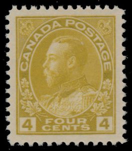 Lot 109, Canada 1925 four cent yellow ochre Admiral, dry printing, XF NH, sold for C$234