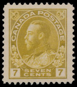 Lot 118, Canada 1912 seven cent yellow ochre Admiral, XF NH, sold for C$438