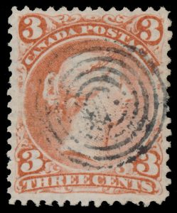 Lot 32, Canada 1868 three cent bright red Large Queen on laid paper, XF used, sold for C$3,276