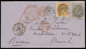 Lot 389, Canada 1872 Pre-U.P.U. Large Queen plus Small Queen combination cover to Bavaria, sold for C$2,808