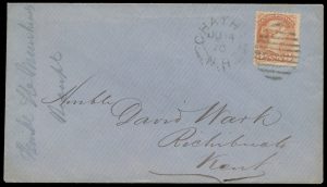 Lot 393, Canada 1870 three cent copper red Small Queen perf 12-1/2 on cover Chatham NB to Richibucto, sold for C$1,872