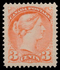 Lot 54, Canada 1890s three cent orange vermilion Small Queen, VF NH, sold for C$468