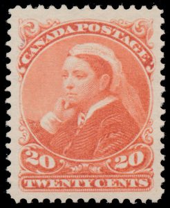 Lot 58, Canada 1893 twenty cent vermilion Widow Weeds, XF NH, sold for C$2,106