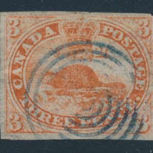 Canada #1 1851 three penny red Beaver on laid paper, VF used