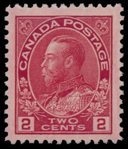 Lot 105, Canada 1914 two cent rose carmine Admiral, XF NH, sold for C$222