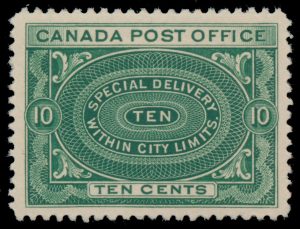 Lot 209, Canada #E1b 1898 10c yellow green Special Delivery, XF NH, sold for C$555