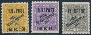 Lot 279, Czechoslovakia 1919 Set of Austrian Airmail Stamps Overprinted POSTA CESKOSLOVENSKA 1919, sold for C$1,111