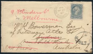 Lot 390, Canada 1887 fifteen cent Large Queen with "Balloon Flaw" on cover to Australia, sold for C$3,744
