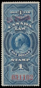 Lot 180, Canada 1916 one dollar blue Queen Victoria Law Stamp with red In Prize overprint