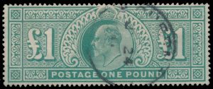 Lot 298, Great Britain 1902-11 one pound blue green King Edward VII, watermarked three crowns, VF used