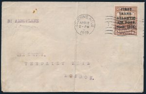 Lot 366, Newfoundland 1919 Hawker Trans-Atlantic Flight Overprint on three cent Red Brown Caribou cover