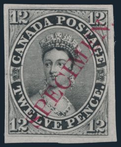 Lot 5, Canada twelve penny black plate proof with diagonal SPECIMEN overprint