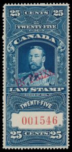 Lot 181, Canada twenty-five cent blue King George V Law Stamp with red In Prize overprint, VF NH