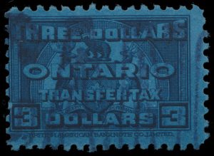 Lot 207, Canada 1935 three dollar blue Ontario Tax Transfer, Fine used, sold for C$555