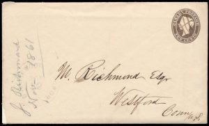 Lot 329, Canada 1861 ten cent brown Nesbitt Stationery envelope Collingwood Harbor to Westford Connecticut, VF, sold for C$819