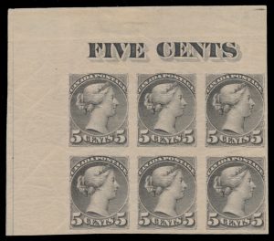 Lot 42, Canada 1891 five cent grey Small Queen, imperforate mint counter block of six