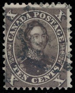 Lot 18, Canada 1858 ten cent chocolate brown Consort, perf 11-3/4, VG used, sold for C$1,228