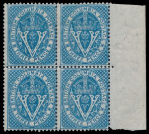 Lot 245, British Columbia and Vancouver Island 1867 three pence blue Seal of British Columbia VG-Fine mint block of four, sold for C$555