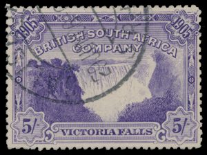Ex-Lot 313, Rhodesia 1905 Victoria Falls set one pence rose red to five shilling violet, F-VF used, sold for C$351