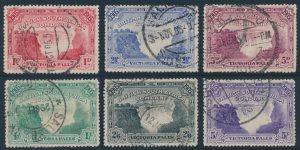 Lot 313, Rhodesia 1905 Victoria Falls set one pence rose red to five shilling violet, F-VF used, sold for C$351