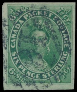 Lot 14, Canada 1857 seven and a half pence green Victoria, XF used