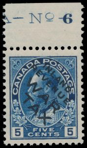 Lot 272, Canada 1915 five cent blue Admiral with INLAND REVENUE WAR TAX overprint, XF NH