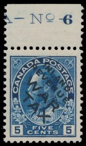 Lot 272, Canada 1915 five cent blue Admiral overprinted Inland Revenue War Tax in black, XF NH