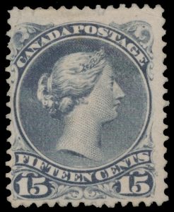 Lot 28, Canada 1868-76 fifteen cent grey Large Queen on thick paper with Pawnbroker variety, unused no gum