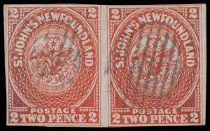 Lot 317, Newfoundland 1857 two pence scarlet vermilion Heraldic pair, Fine used